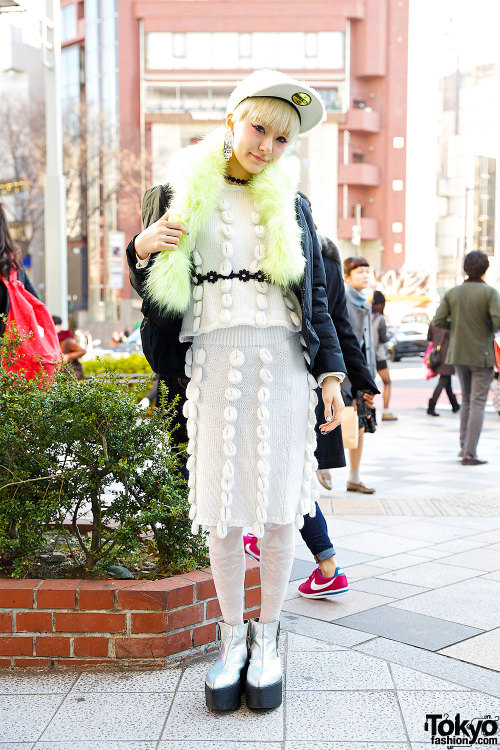 Japanese fashion blogger Yuri Nakagawa on the street in Harajuku w/ lilLilly top, skirt &amp; platfo