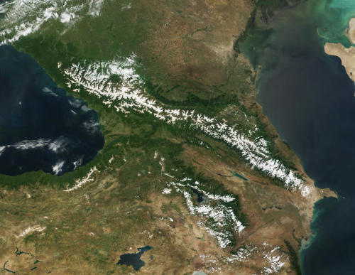 Satellite view of the Caucasus Mountains (June 2001).The Caucasus Mountains are made up of two main 