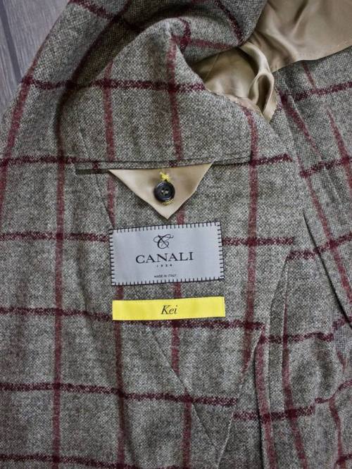 Our latest landing from Canali is this gorgeous tan and burgundy windowpane done in their unconstruc