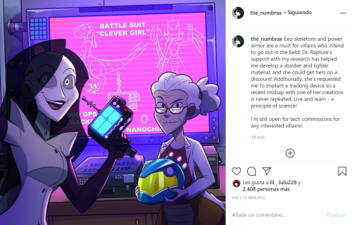 nightfurmoon:  New post from Penumbra’s instagram! We get to see Dr. Rapture with plans of her new battle suit made by Penumbra! It looks so cool :D Also, that nanochip has an interesting logo on it… Regarding that ‘mishap’, I suppose it’s