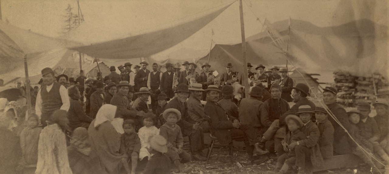 Scene “celebrating” the 4th of July in Metlakata, AK.
Photographed and developed by Tsimshian photographer Thomas Eaton, Jr. in 1897
Indian Training School Collection, Org. Lot 376, f4.