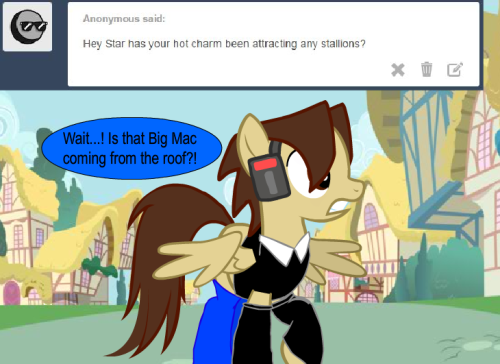 ask-star-singer:An ask by an Anon featuring ask-twilights-library and ask-amorarose.Geez…! Couldn’t he have forewarn me before jumping on me??  XD!! Oh jeeze, Mac… >w<