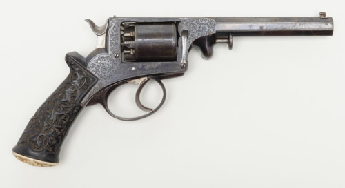 Exhibition quality engraved English Adams double action percussion revolver with carved ebony and iv