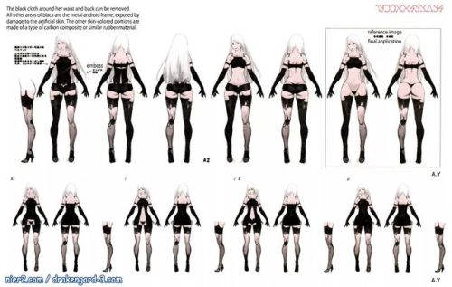 inspomilk:Character design concepts of 2B, 9S, A2, Pod 042 and Pascal from NieR:Automata Translation credit: @rekka-alexiel nier2.com
