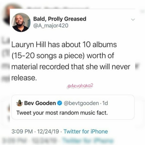 Via: @a_major420 #LaurynHill/#LBoogie Has About #10Albums With 15-20 Songs Each Of RECORDED Songs/M