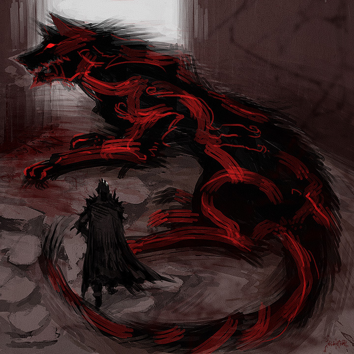 tokidokitidori:  Silmarillion___Manwё sketch Carcharoth＆Melkor