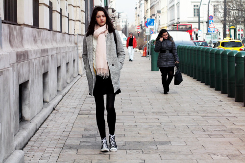 christinasshow:“Winter outfit with black opaque tights and sneakers.”- Nora Aradi
