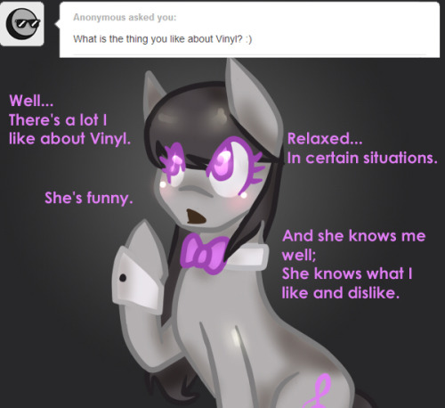 youobviouslyloveoctavia:  ask-melody-octavia:  “… Vinyl… I think they mean ‘in a relationship’ type filly friend…”  OTP  OTP indeed~ <3