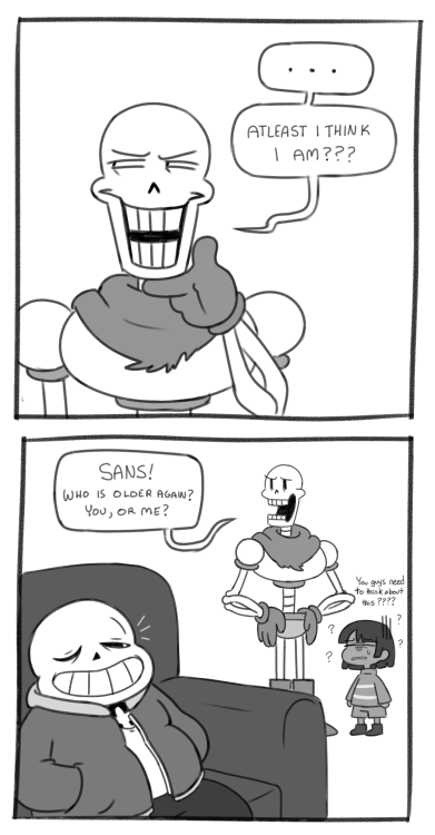 sugarkillsall:  I bring you another really dumb undertale comic big surprise For the record, I’m fairly certain Papyrus is the older brother considering the way Sans talks of him but I thought it’d be funny if they had no idea   lol XD