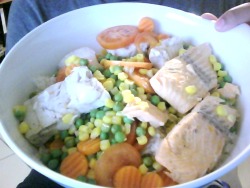 danks-blog:  So, I went cooking again. This is like, enough for 2 people, and I’m totally going to eat it by myself because am a fat fuck.Salmon, coal fish, a lot of fucking basmati rice, carrots, green peas, corn and tomatoes. And I also have croquettes