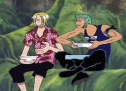 zo-ro-roronoa:  It kills me when Sanji sits next to Zoro casually and tosses him a bowl of food and Zoro’s like  &ldquo;tha fuq Sanji&rdquo;
