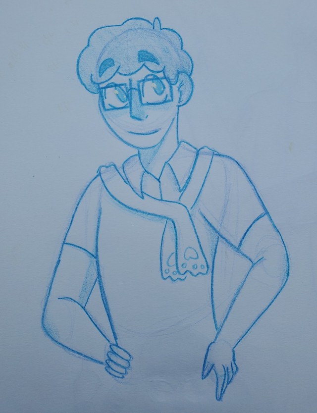 a blue colored pencil drawing of Patton. he is standing with his hands on his hips, smiling gently. he has poofy curly hair and big blue eyes