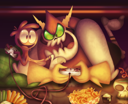 extraordinarycircus:Haven’t digitally painted in a while so here’s Wander and Hater having a sleepover! Wander’s totally winning at that video game. 