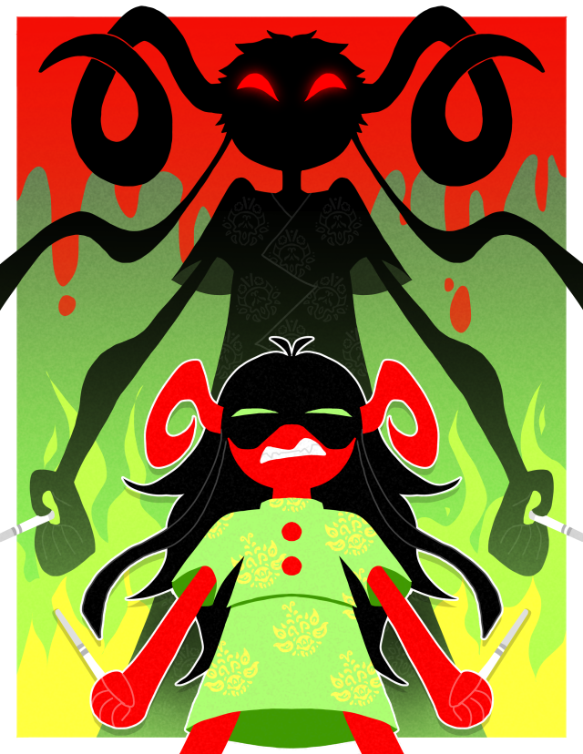 the young handmaid standing in front of her silhouetted older self. both have their arms outstretched, holding wands. the young handmaid has an angry sneer, while the adult handmaid's face is obscured except for her glowing eyes. behind them both are green flames from below and red cascading like blood from above