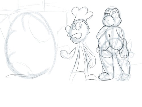 Yoshi  with Game & watch in some doodles.  Got the idea from looking at one of the E3 images for smash ultimate.  Game & watch wondering where to get eggs from with the green Dino not far behind him.