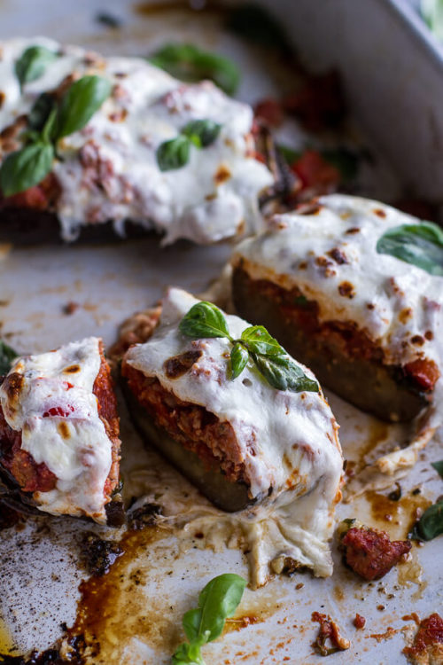 oooinfinityooo: daily-deliciousness: Roasted garlic eggplant lasagna boats with spicy italian chicke