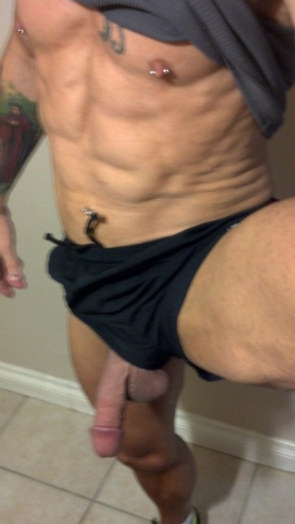kinkyandy:  Hanging out of my gym shorts today. 