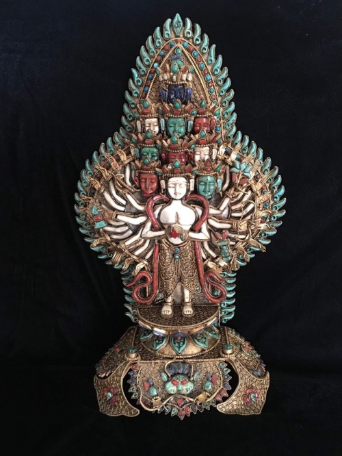 Masterpiece Avalokiteshvara with Lapis, Coral, Turquoise, & Shell Gem Inlay Avalokiteshvara, the