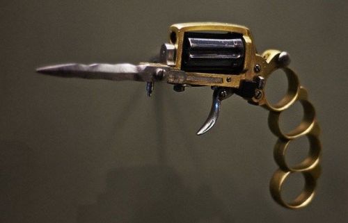 unexplained-events:  unexplained-events:  This weapon(The Apache Revolver) was used by the French gang “Les Apaches.” It incorporated a pepperbox revolver, a fold-over knuckle duster, and a foldout dual-edge knife.   For those of you wondering how