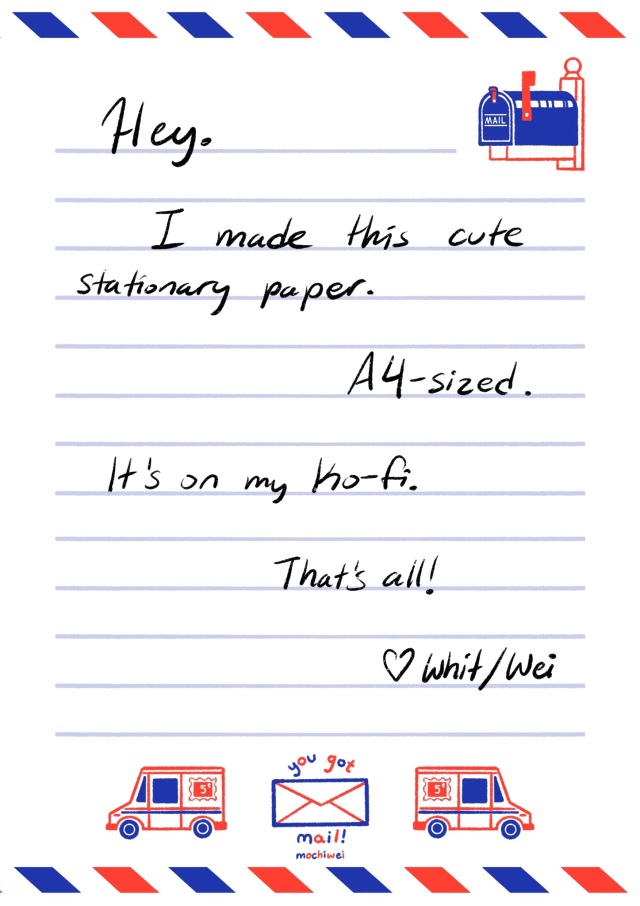 a picture of stationary paper with red and blue mail trucks, a mailbox, and a letter that says "you got mail."