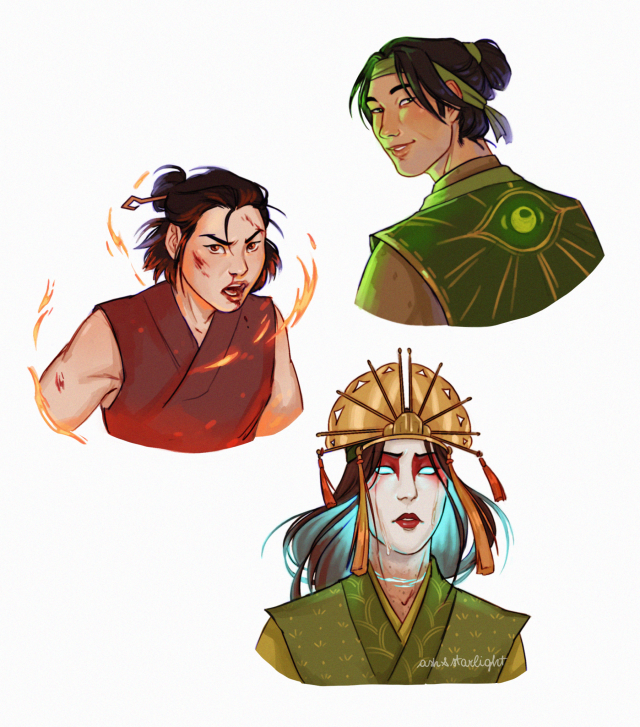 Digital portraits of Rangi, kyoshi and yun from the shoulders up. Rangi looks angry and mid-fight, with flames around her face. Kyoshi is in the avatar state, crying. Yun is smirking and looking behind him