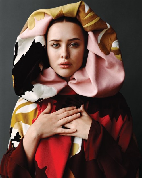 Katherine Langford, photographed by Alasdair McLellan and styled in a Valentino cape and blouse by M