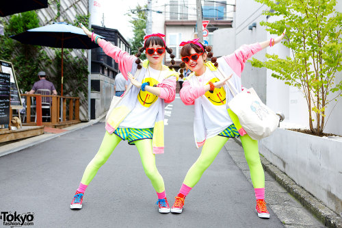 The Hennyo girls - Mashimo &amp; Ai - on the street in Harajuku with Madsaki shirts and Lactose Into