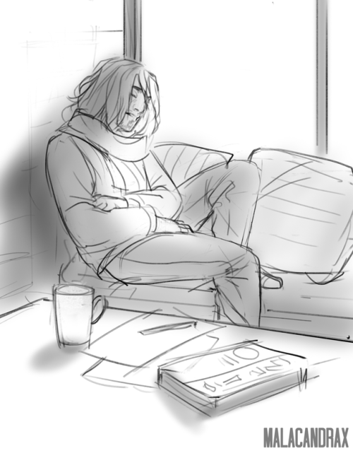 malacandrax: Angst, and cafe AU sketches   Cafe au sketches: 1- Aizawa shows up without a hat or scarf like an idiot- Mic bundles him in his. 2- Aizawa is running late for a lecture- Mic has his drink ready because he pays wayyy too much attention to