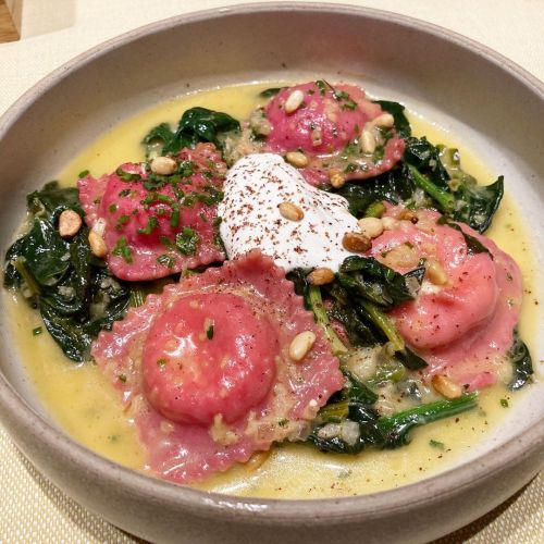 Beetroot ravioli with Mizithra cheese, sautéed greens, yoghurt, pine nuts.Chania, Crete, GR@dome