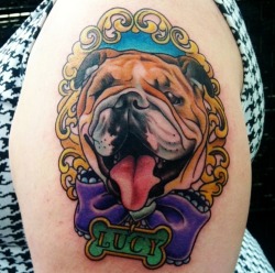 fuckyeahtattoos:  I got my awesome Bulldog, Lucy, tattooed on me today by the amazing Harmony Nixon from 27th Street Tattoo in Lancaster, CA. She does amazing work, which is why she’s done all 5 of my tattoos. 