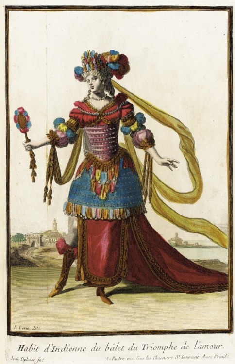 Illustration of theatrical costumes worn by courtiers for court ballets from &ldquo;Recueil des mode