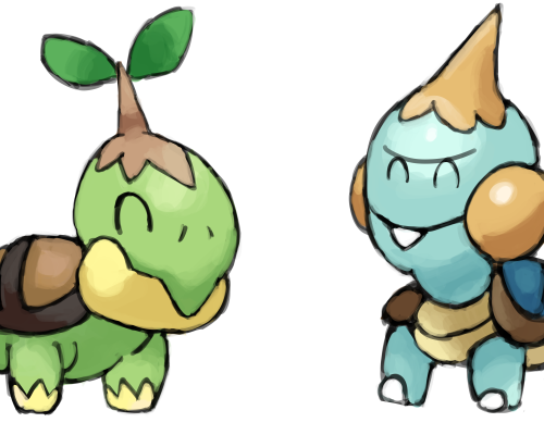 Turtwig and Chewtle weren’t getting along in the animeso I drew them as best friends!!