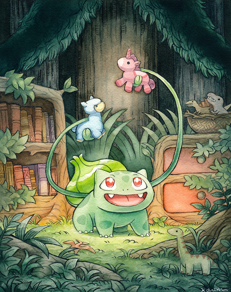 Bulbasaur is playing with one of her favorite childhood toys! This commission is part of a larger set that tells a story. 