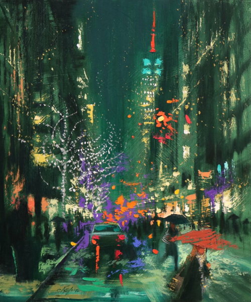 Fifth Avenue around Christmas , New York  -  Chin H.Shin, 2020.Korean,b. ?Oil on canvas, 6