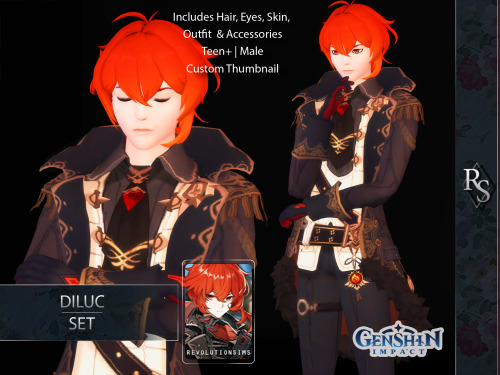 I really love Diluc from Genshin Impact&rsquo;s design so I brought his entire look to Sims 4!In