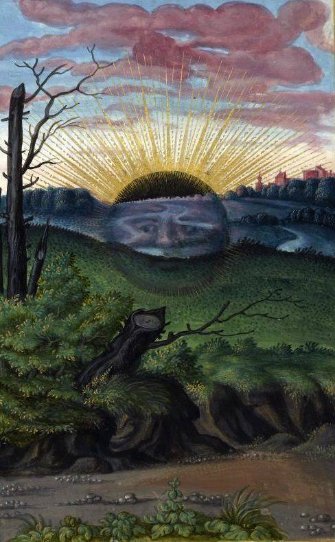 mythologyofblue:  Miniature of a Raising Sun and a  Black Sun (Sol Niger) setting