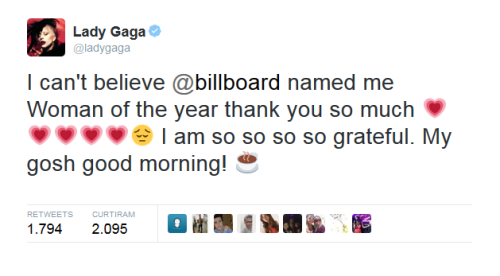 ladygagadaily:  Lady Gaga is elected “Woman of the Year” in 2015 by Billboard! 