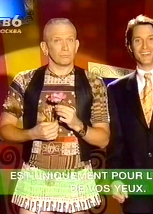 evilrashida:Jean-Paul Gaultier wearing his own designs hosting “Eurotrash” in 1993. 