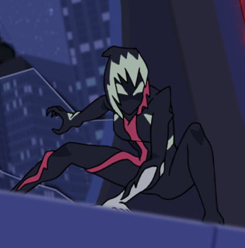 The designs of Venomized Miles Morales, Spider-Girl, and Ghost-Spider.On the left are Shaun O’ Neil’