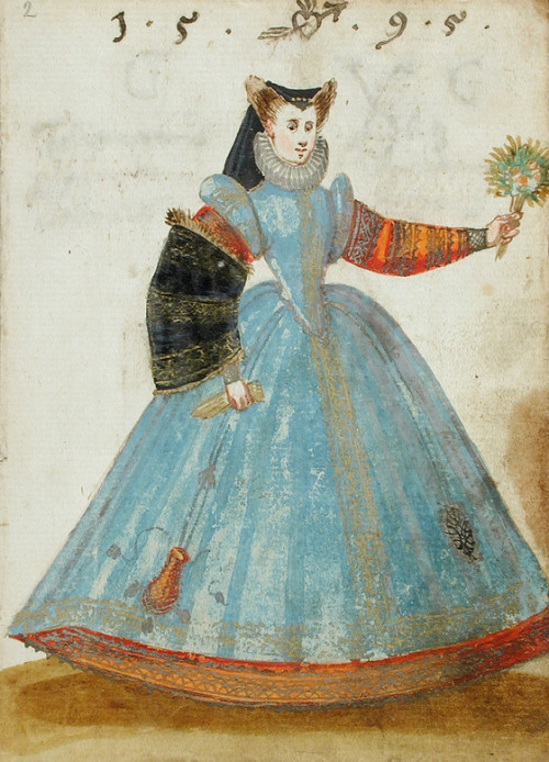 Illustrations of costumes from “Album Amicorum of a German Soldier” from 1590s;English QueenAnd an u