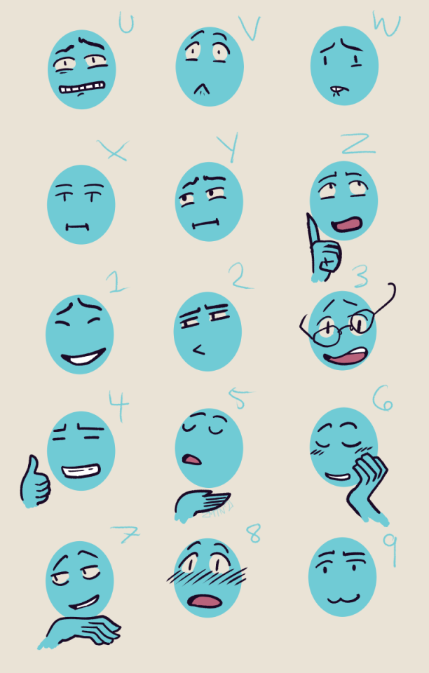 35 cartoonish faces all with different facial expressions, most of them silly or awkward or judging someone off screen