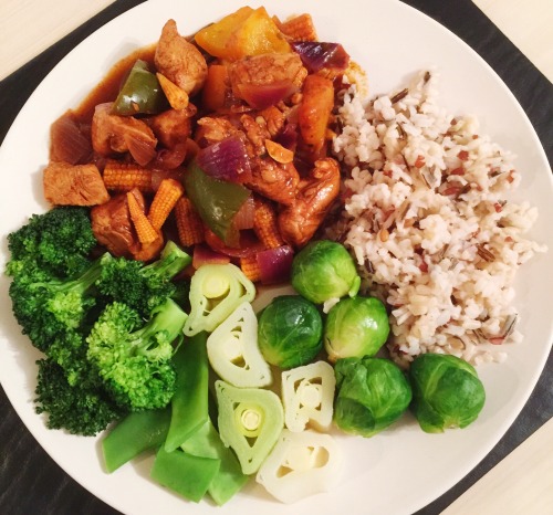 thefoodarchivist:  Hers; sweet and sour chicken with brown basmati and red camargue rice and veggies