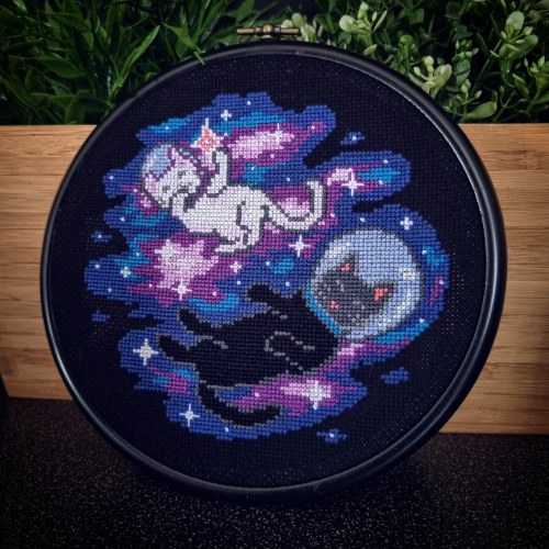 Space Cats stitched by ExcessCatLady. Pattern ($3.50) designed by HarpSealC