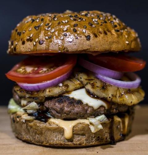 Hawaiian Pineapple Burger With Lettuce And Red Onions Recipe