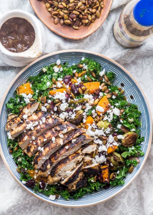 Warm Kale Salad with Butternut Squash and Roasted Chicken