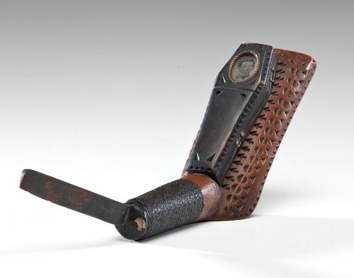 19th cent., [Folk art, chip-carved crooked knife with a raised coffin handle inset with a gem tintyp