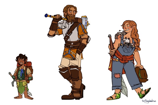 Brightly colored and stylized sketches of Beverly, Hardwon, and Moonshine. Beverly stands with both feet flat on the ground and his hands around the straps of his oversized backpack. He has a sword on his waist and he looks to the side grinning, revealing his braces. Hardwon stands in a relaxed pose with the Queenshammer balanced over one shoulder and his other hand in his pants pocket. He looks forward and smiles slightly. Moonshine stands with her hip cocked, holding the hilt of her sheathed sword Rosaline with one hand and Deadeye’s cowboy hat in the other. She looks to the side and grins. Handy Andy is on her right shoulder and Pawpaw peeks out of the bib of her overalls.