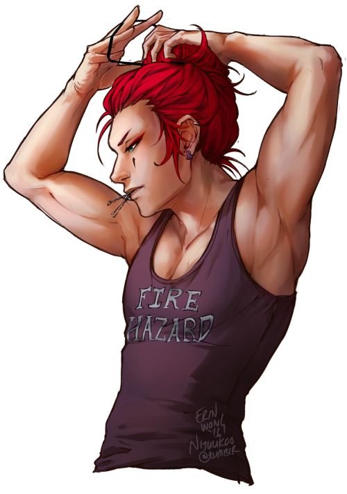nijuukoo:     yourlackoffaith said:  Axel in a tank top..with his hair in a bun..please lawd  Enjoy a transparent Axel tying up his hair into said bun. 
