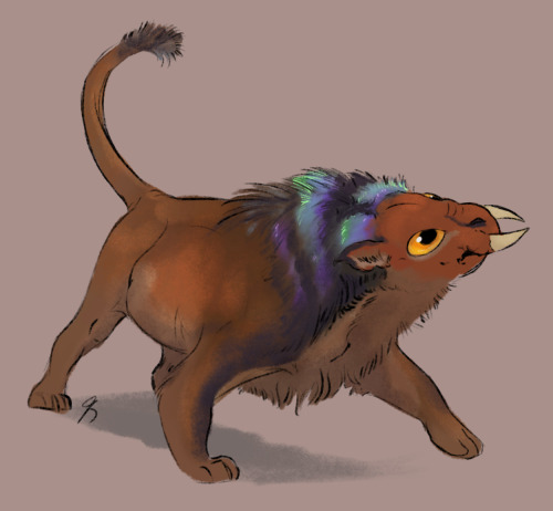 A drawing of a mammalian creature with brown fur, somewhat like a big cat in general body shape. Its head is shaped to be evocative of an ant, with tusks taking the place of mandibles. It has large yellow eyes, and a multicolored mane around its neck and shoulders. A tuft of hair on the tip of its tail is colored to match the mane.