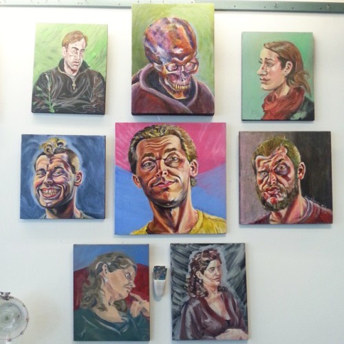 Exhibition up at Out of the Blue Too! 9 paintings.  The four portraits in the corners are oil, and the three self-portraits plus the skull are acrylic. All on canvas. Feels good to have them out and up.  #mattbernson #outofthebluetoo #paintersofinstagram